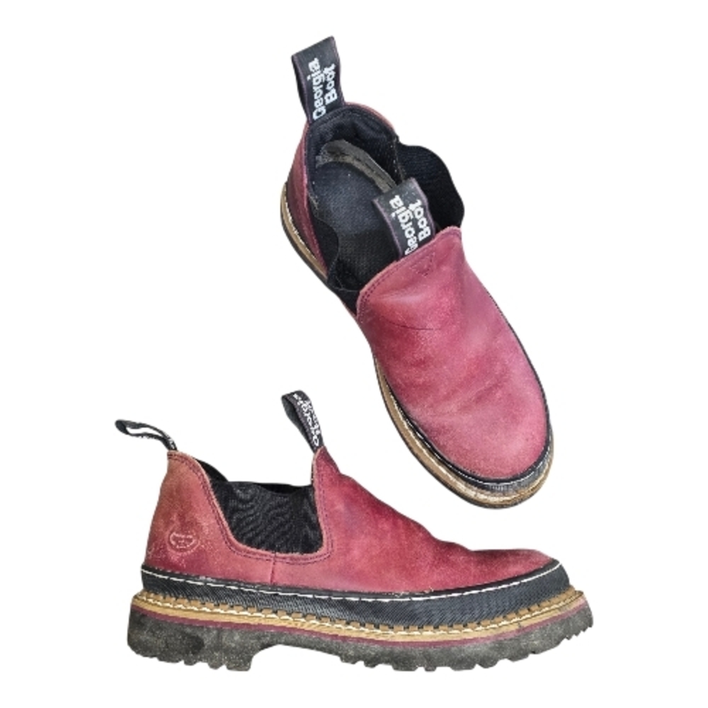 Georgia Boots 3” Romeo Slip-On Leather Ankle Work Boots Cranberry Red W8.5